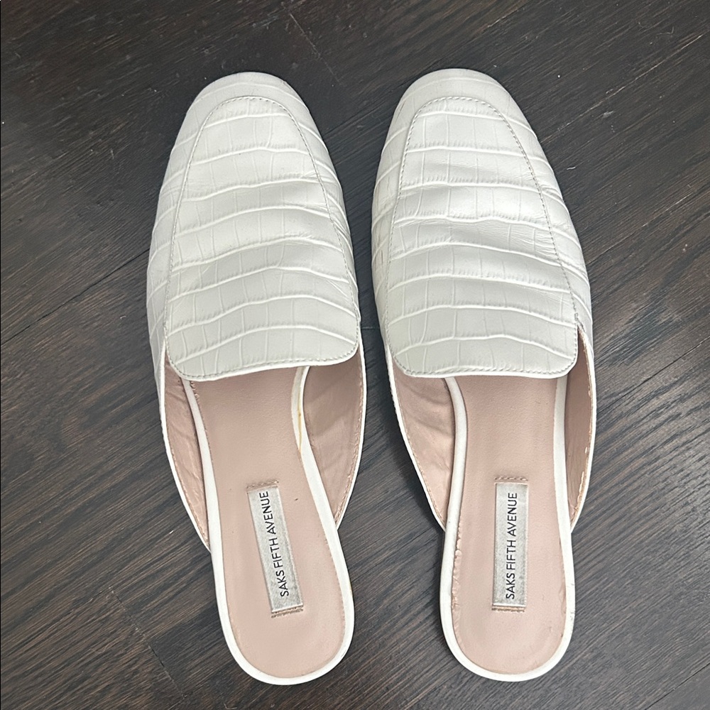 Saks Fifth Avenue White Croc-Embossed Slip-On Mules
